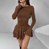 Women's Elegant Dresses Sexy Solid Long Sleeves High Waisted Pullover Pleated Bodycon Mini Dress Spring Party Ladies' Clothing
