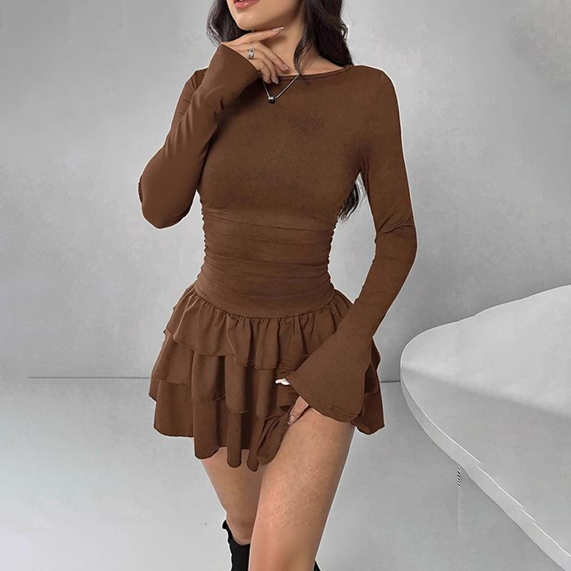 

European and American women s clothing, new spring models, solid color slim-fitting and thin temperament long-sleeved short skirt dress S