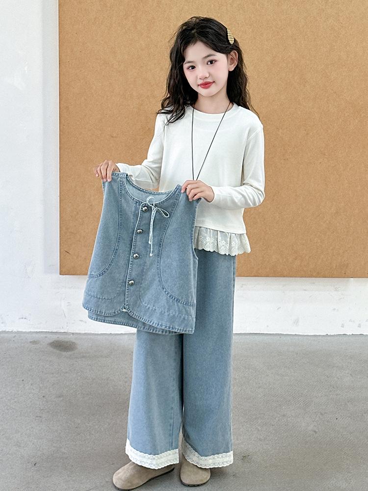 Girls' Denim Vest and Lace Pants Set – Long Sleeve Base Shirt Included (Spring/Autumn 2025)
