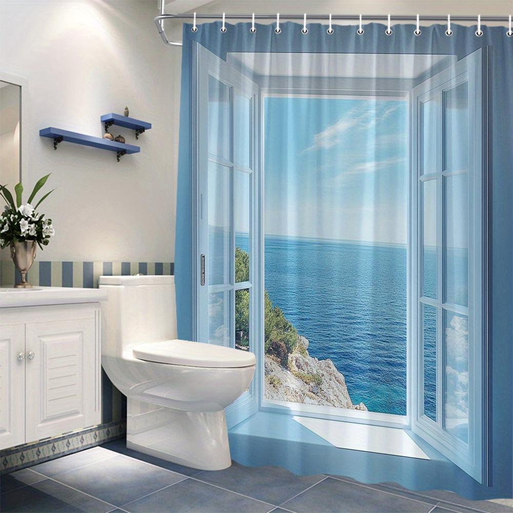 VIKAMA White Window Frame Sea View Shower Curtain Waterproof Shower Screen Partition Curtain Bathroom Decor