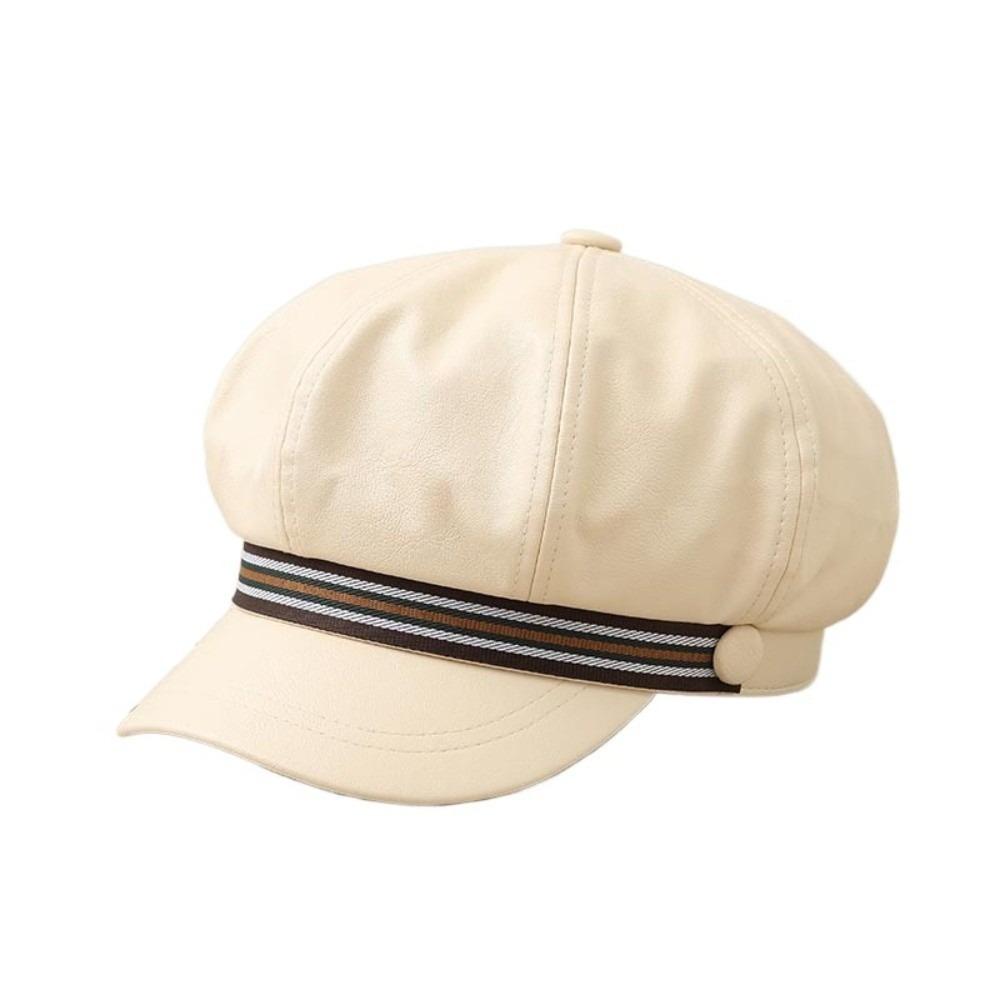 Windproof Octagonal Hat Warm Painter Hat Personality Pu Leather Beret  Autumn