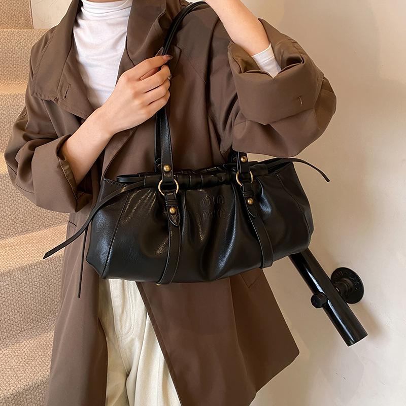 2025 new brown retro drawstring baguette bag single shoulder underarm portable casual pleated women's bag