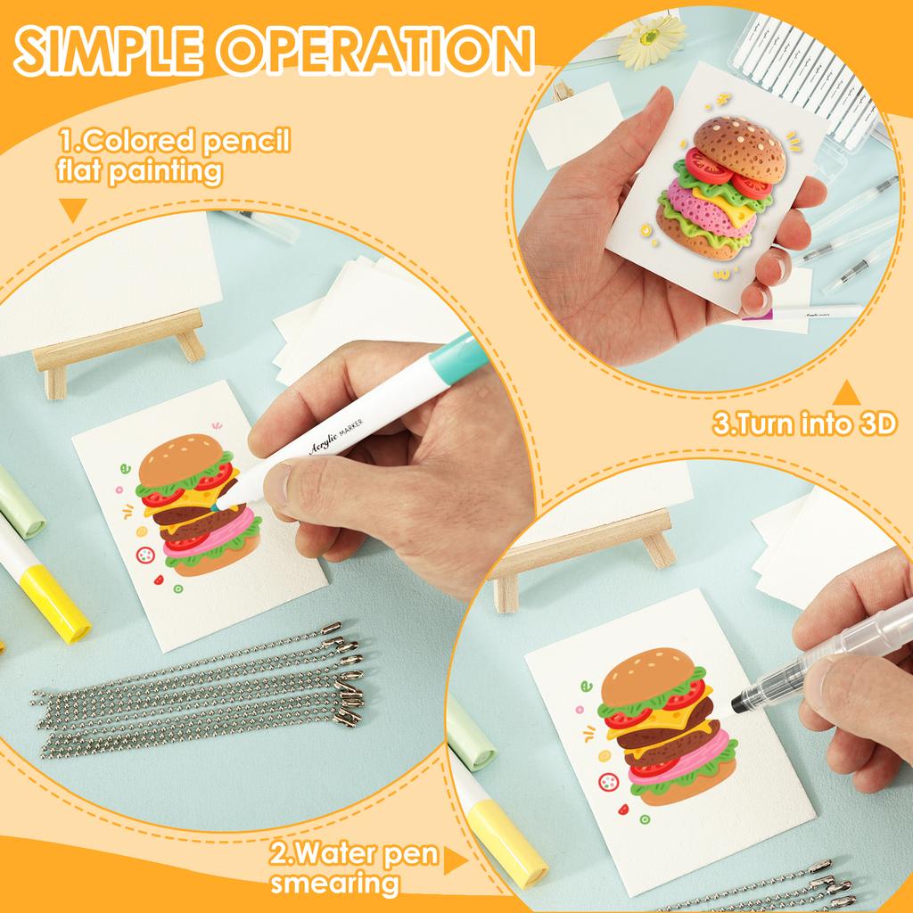 Magic Puffy Paint Painting Kit with Marker Beaded Chain 3D Fluffy Paint Paper DIY Kit for Making Card Poster DIY Craft Painting