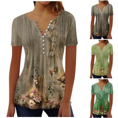 (Scharfes Hühnchen)Damen-Hemdbluse, Knopf-Retro-Druck, kurzärmelig, lässig, Basic, Rundhalsausschnitt, normales Oberteil