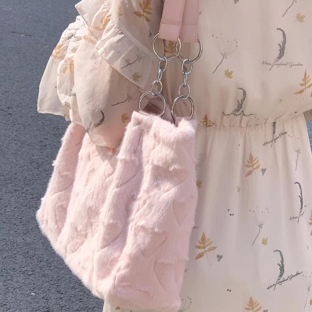 Süße pelzige Damen-Tragetaschen mit Herzmotiv, süße Schulter- und Unterarmtaschen, einfarbig, Damenmode, Plüsch-Handtaschen