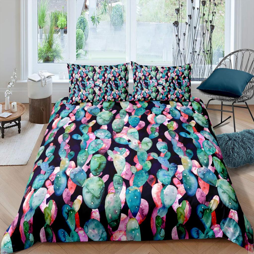 Cactus Duvet Cover Set King Size Hand Painted Style Bedding Set Nature Art Prints Comforter Cover Green Plant Cactus Quilt Cover