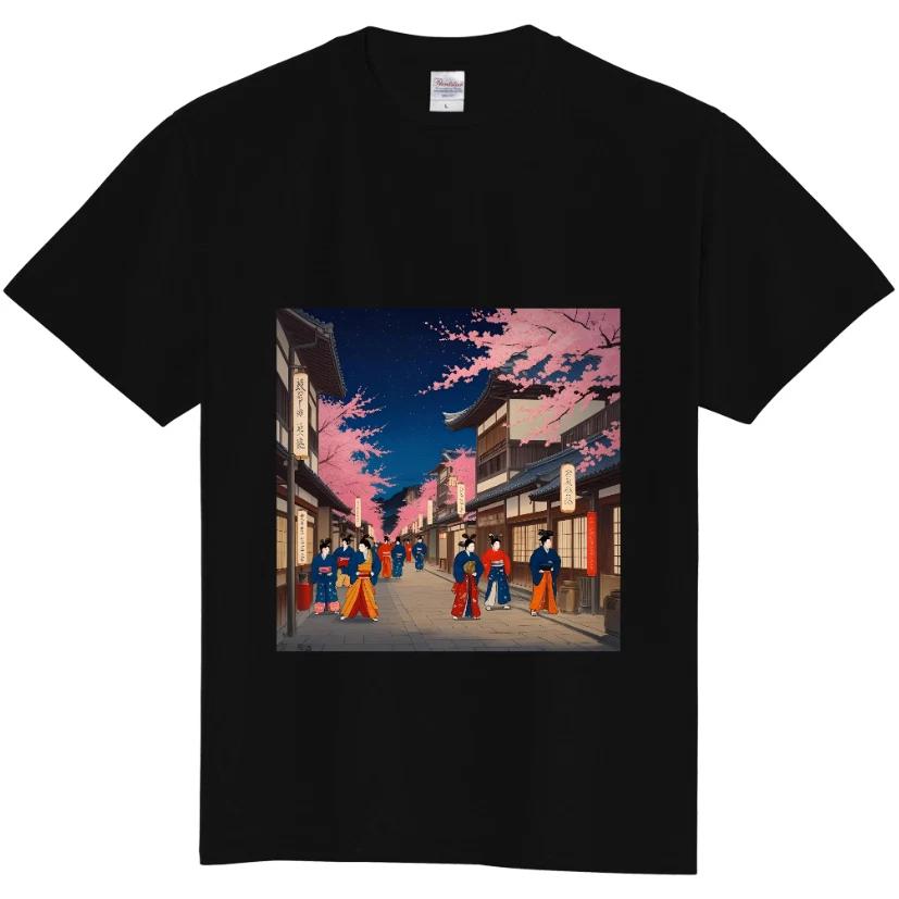 Japanese Ukiyo-e Night Scene & Cherry Blossom T-Shirt – Black & White, New 2XL