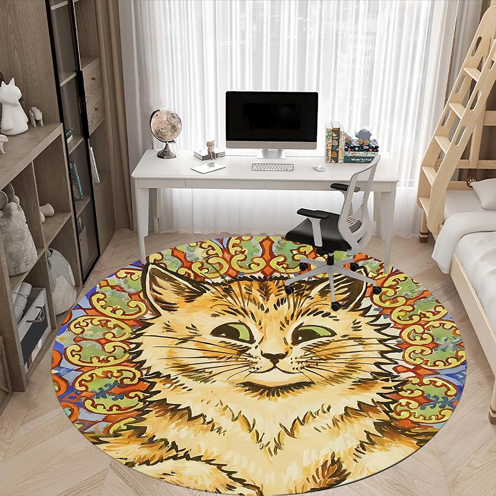 1pc Cat Mandala Office Round Area Rug, Indoor Mat Suitable For Office, Under Office Chairs Bedroom Living Room Home Decor, Room Deco