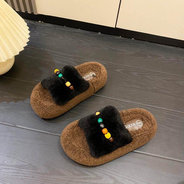 Internet Celebrity High-end Thick-bottomed Fluffy Slippers Women's Wear 2025 Autumn and Winter New Warm Beaded Cotton Slippers