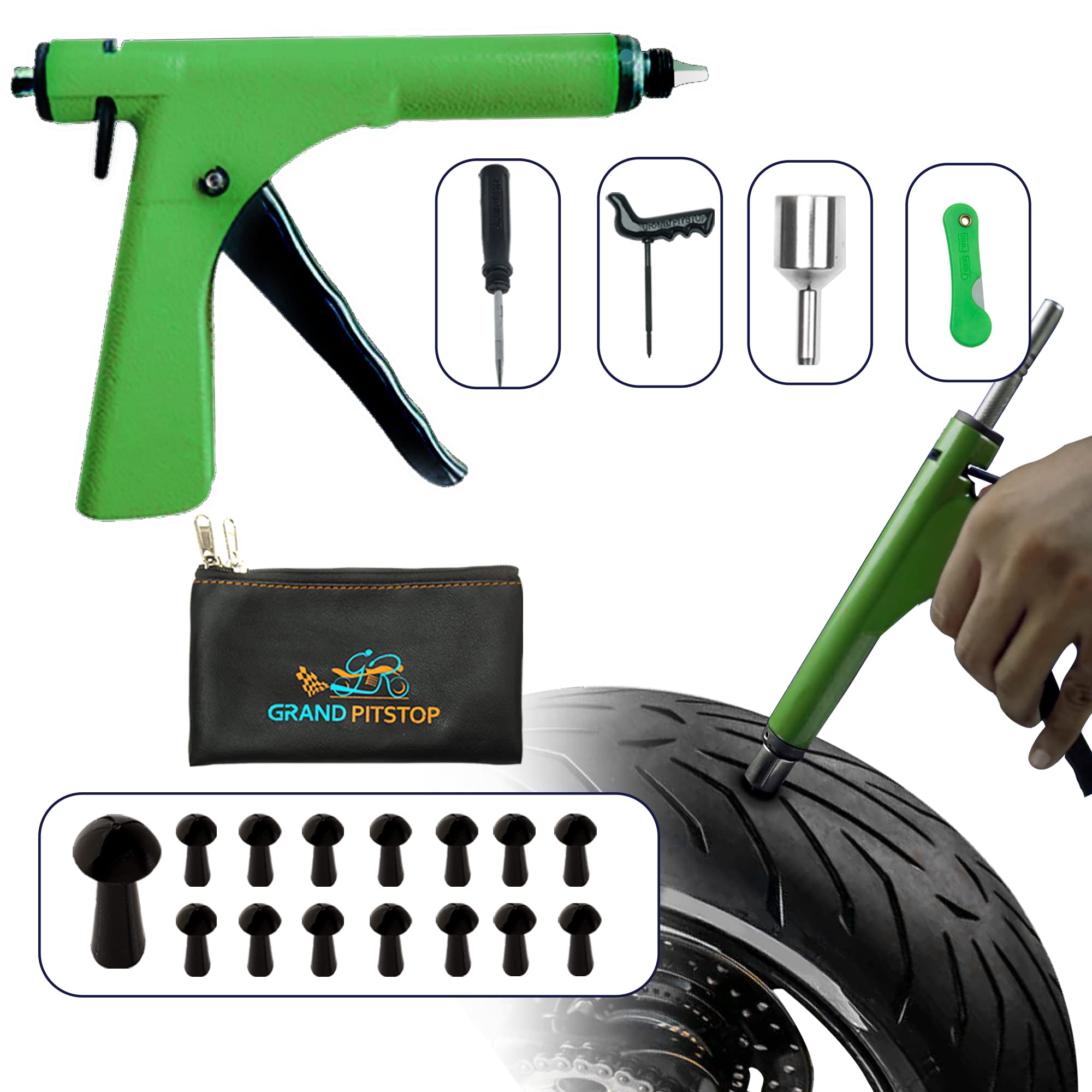 GRAND PITSTOP 21-Piece Tubeless Tire Gun Puncture Repair Kit with Mushroom Plugs for Tire Punctures and Flat Tires for Cars, Motorcycles, ATVs, Trucks