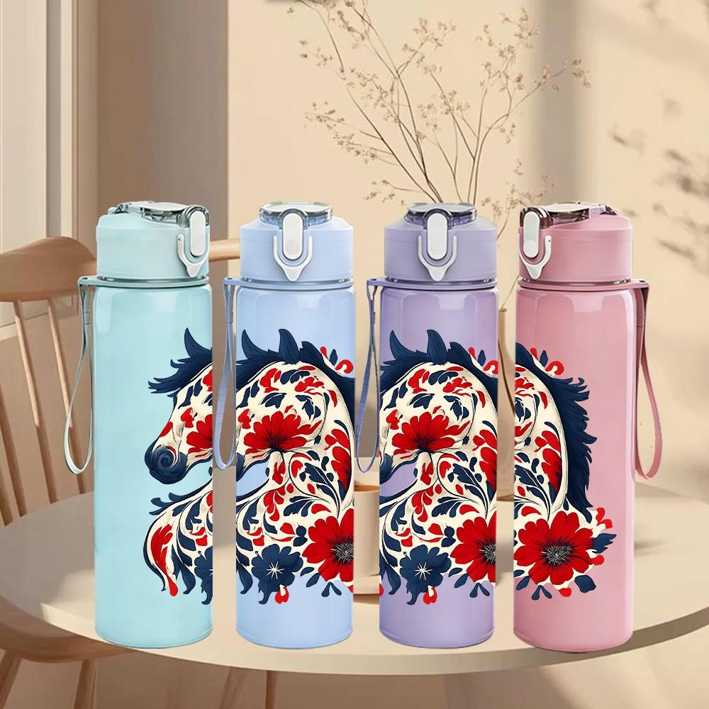 1PC Floral Pattern Horse Head 750ml Color Plastic Sports Water Bottle Leakproof Flip Straw Lid Suitable for Sports Office Home Use