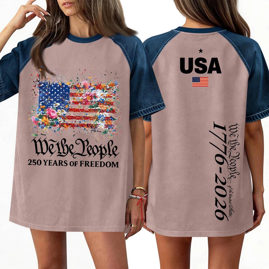Women's Denim Patchwork Top,  Casual Short-sleeved Comfortable T-shirt,  Fashionable For Spring And Summer.