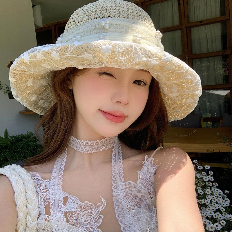 Women's Summer Hat Lace Ribbon Bow Flower Beads Big Brim Sunscreen Bucket Hat Sunshade Beach Accessories Sunhat New