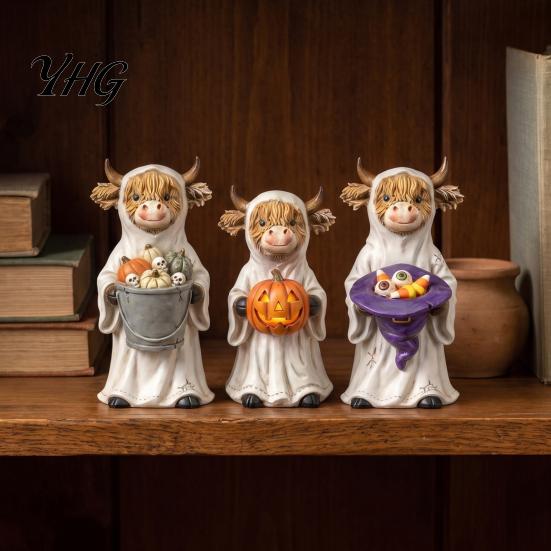 Dark Aesthetic Gift 3Pcs Halloween Ghost Highland Cow Figurines, Resin Yak Statues with Pumpkin, Farmhouse Unique Tabletop Ornaments for Holiday Shelf