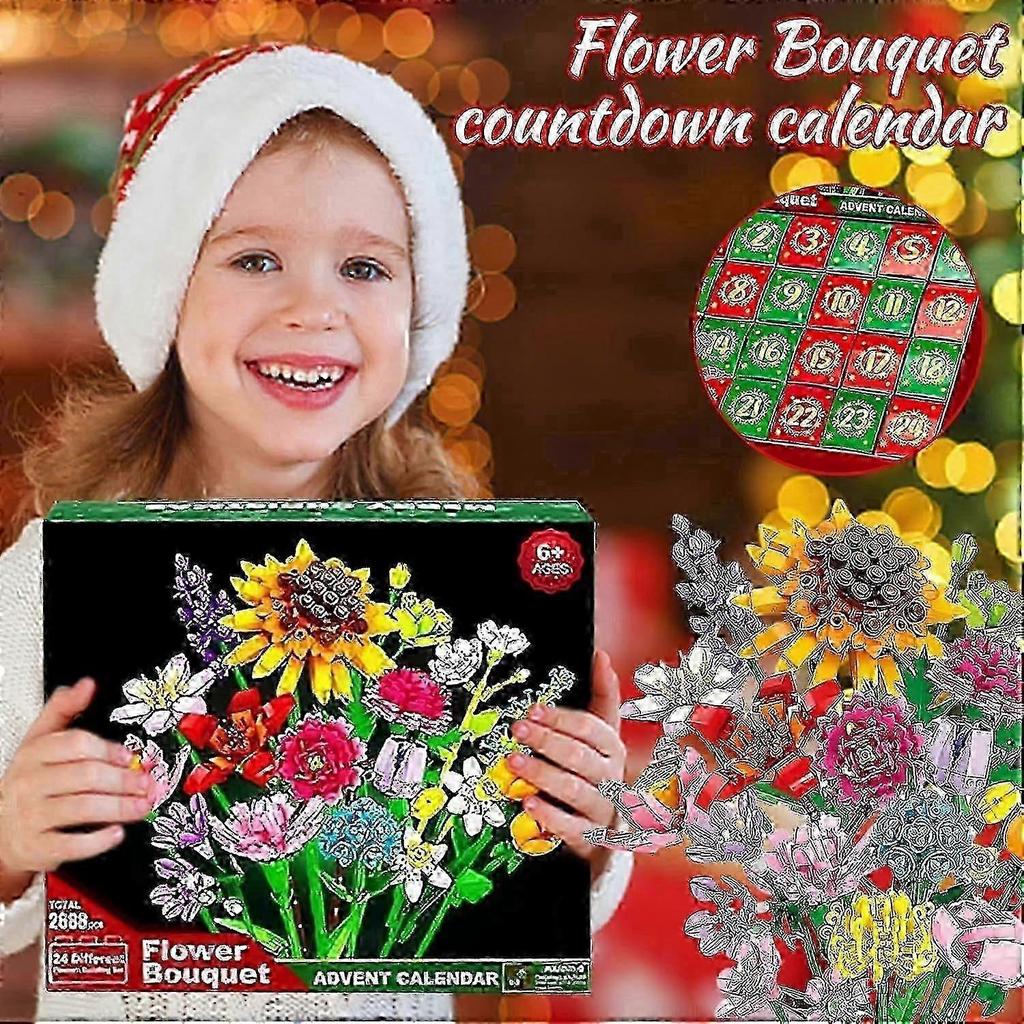 Calendario dell'Avvento di Natale con Blocchi a Forma di Bouquet di Fiori, Xmas 24 Giorni Bouquet di Girasoli Blind Box