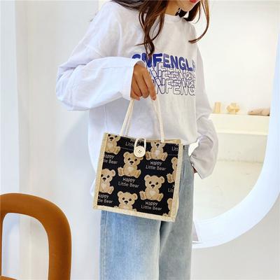 Linen Handbag Small Bag Women Cartoon Cute Bear Lunch Box Fresh Literary Students Make Up Bags