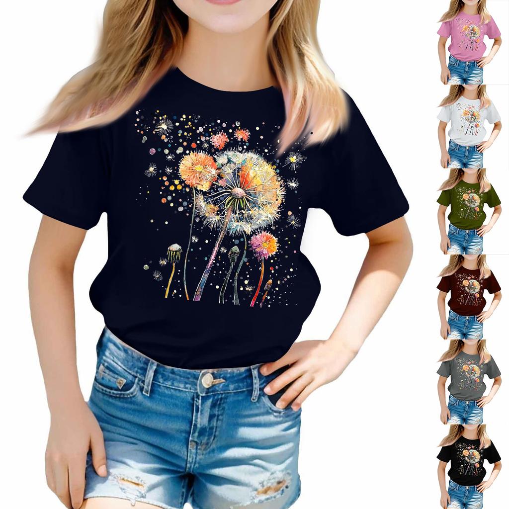 Girls Round Neck Casual Printed Short-sleeved T-shirt Top