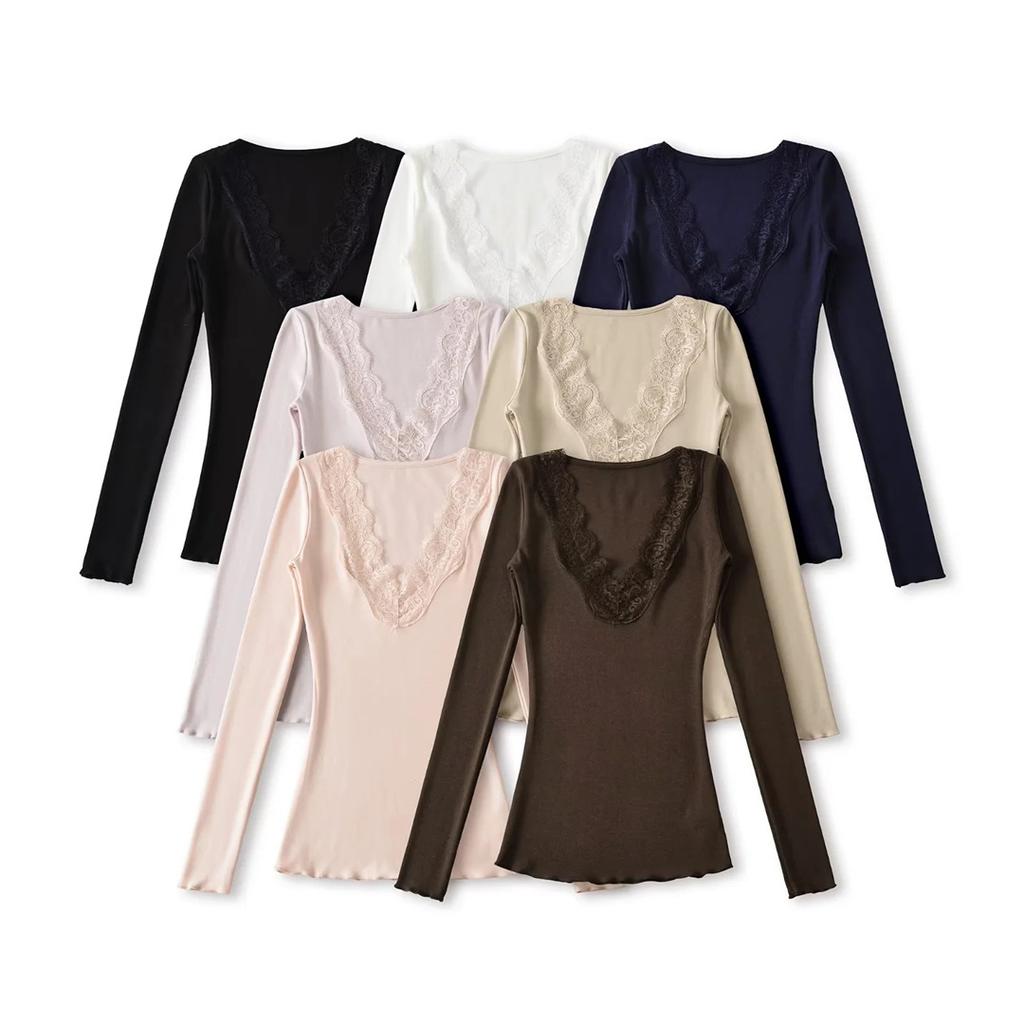 Women's V Neck Long Sleeve Lace Trim Top Slim Fit Solid Color Casual Sexy Pullover