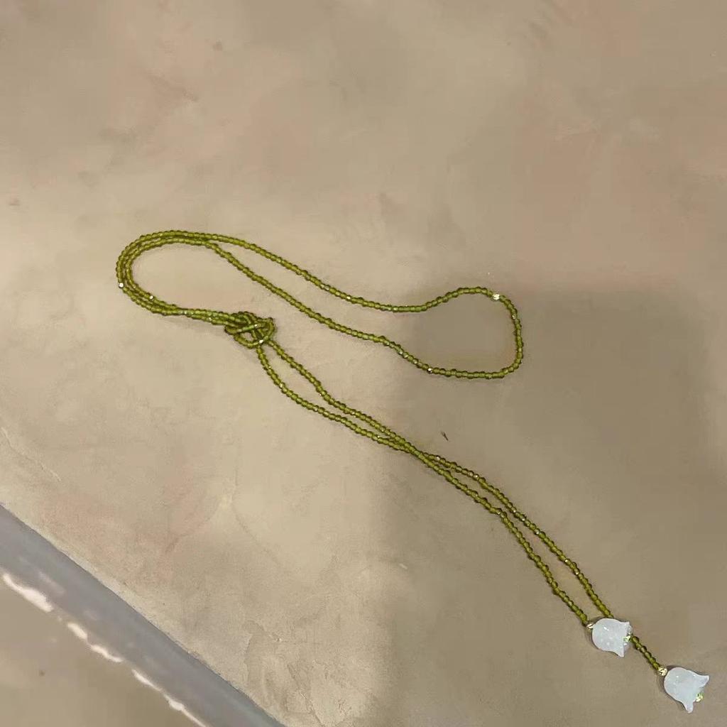 Mori super fairy crystal lily of the valley necklace female retro green beaded collarbone chain gentle neck chain pendant