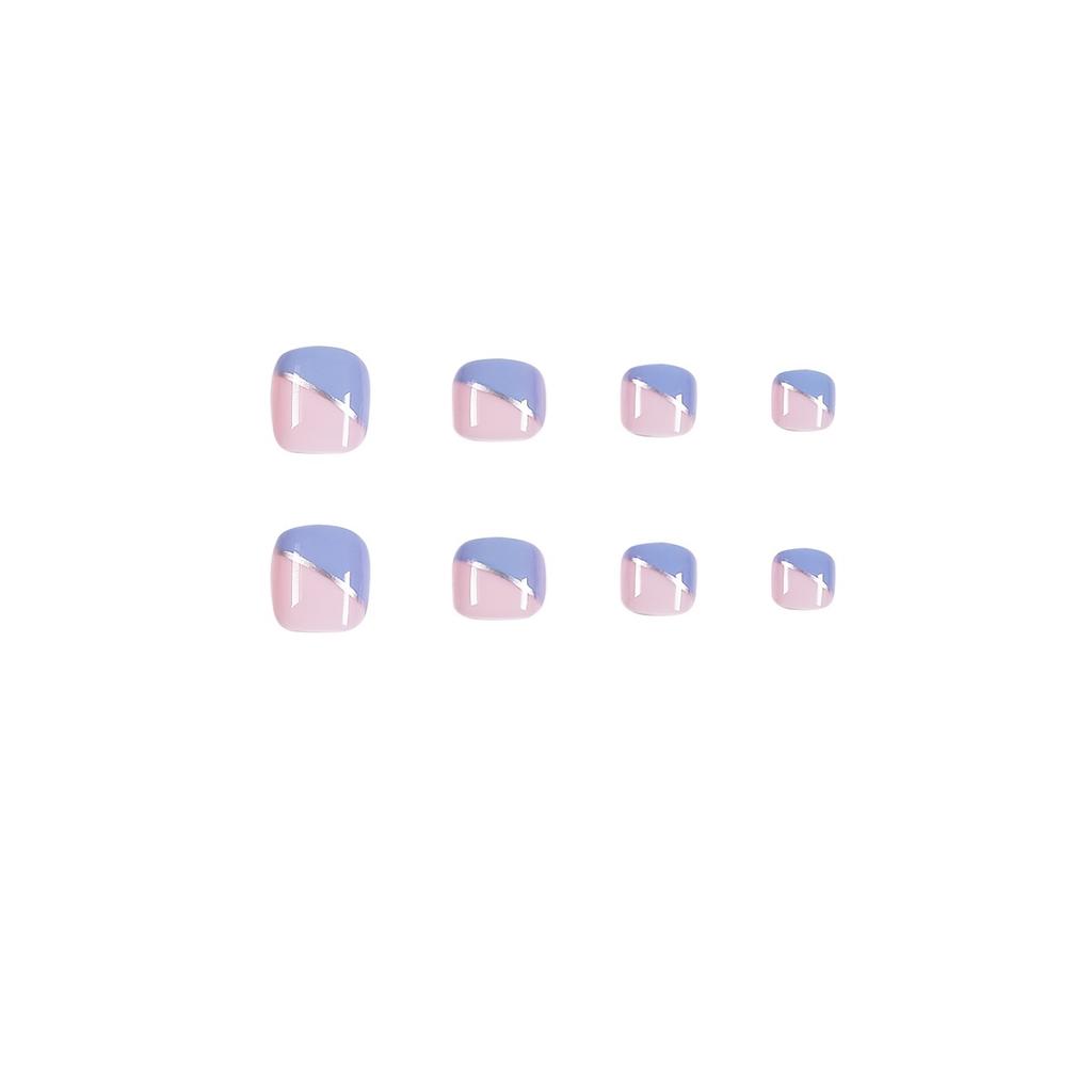 24 Unghie Finte per Piedi Rosa e Viola Splicing, Unghie Finte Quadrate con Design a Linea Argentata, Unghie Finte Lucide Full Cover per Donne e Ragazze