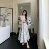 French Blue Oil Painting Long Dress Seaside Vacation Beach Dress Floral Suspender Dress Women's Summer High-end Women's Clothing Trend
