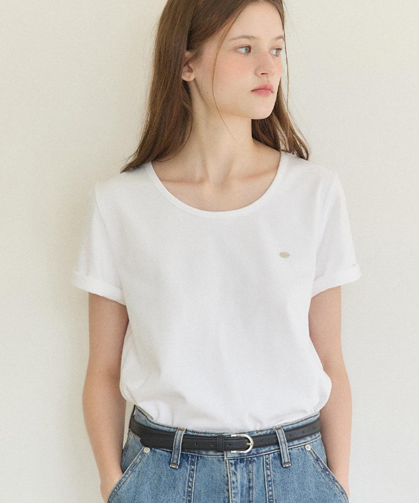 OURHOPE Logo Silky U-Neck T-Shirt - White