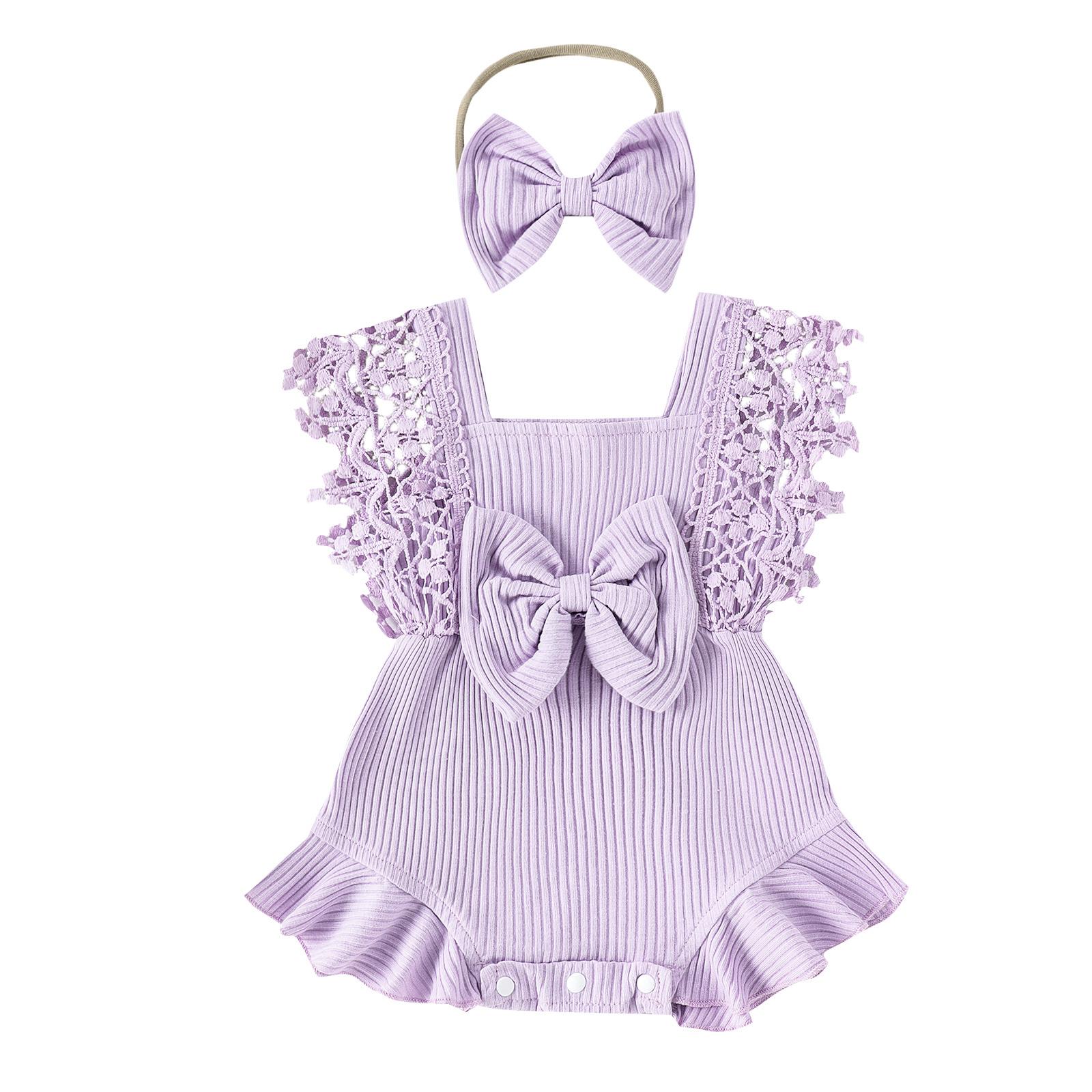 

Летний комбинезон для маленьких девочек, детский комбинезон с кружевными рукавами и круглым вырезом, с рюшами и повязкой на голову 3-6 Months фиолетовый