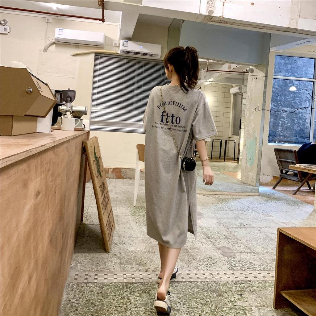 Women's Plus Size Summer T-shirt Dress: Loose Over-the-Knee Slit Skirt & Long Top Base Layer