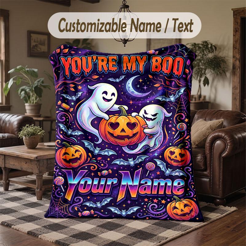 Halloween Theme Throw Blanket Custom Name Text Personalized Blanket Soft Cozy Blanket for Home Sofa Bed