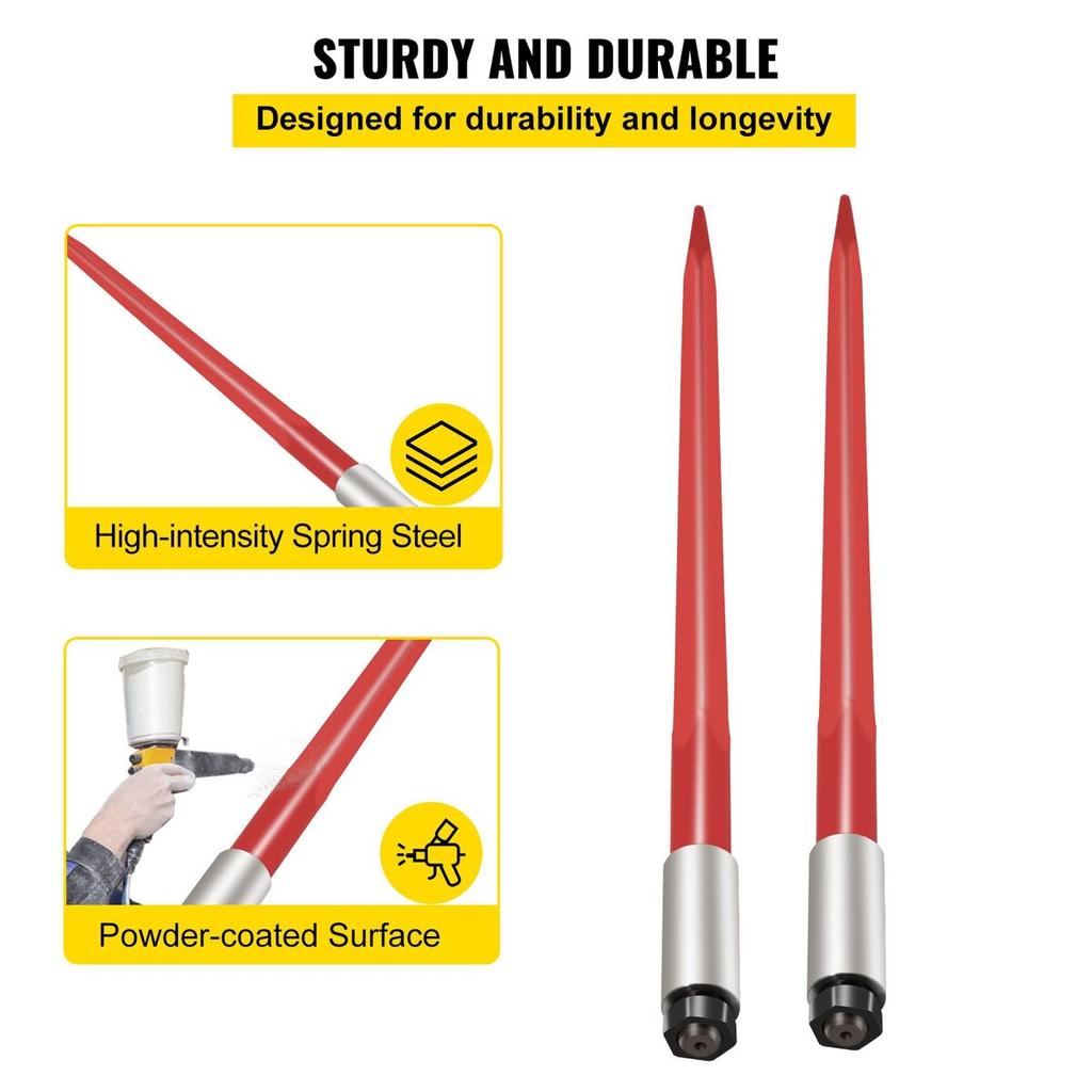 Pair Hay Spear 39" Bale Spear 3000 lbs Capacity, Bale Spike Quick Attach Square Hay Bale Spears 1 3/4", Red Coated Bale Forks, Bale Hay Spike with Hex