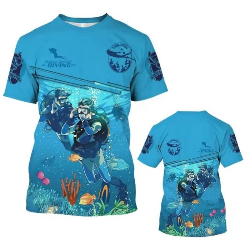 3D Diving Print Men's Novelty Short Sleeve Crew Neck T-shirt, Summer Outdoor