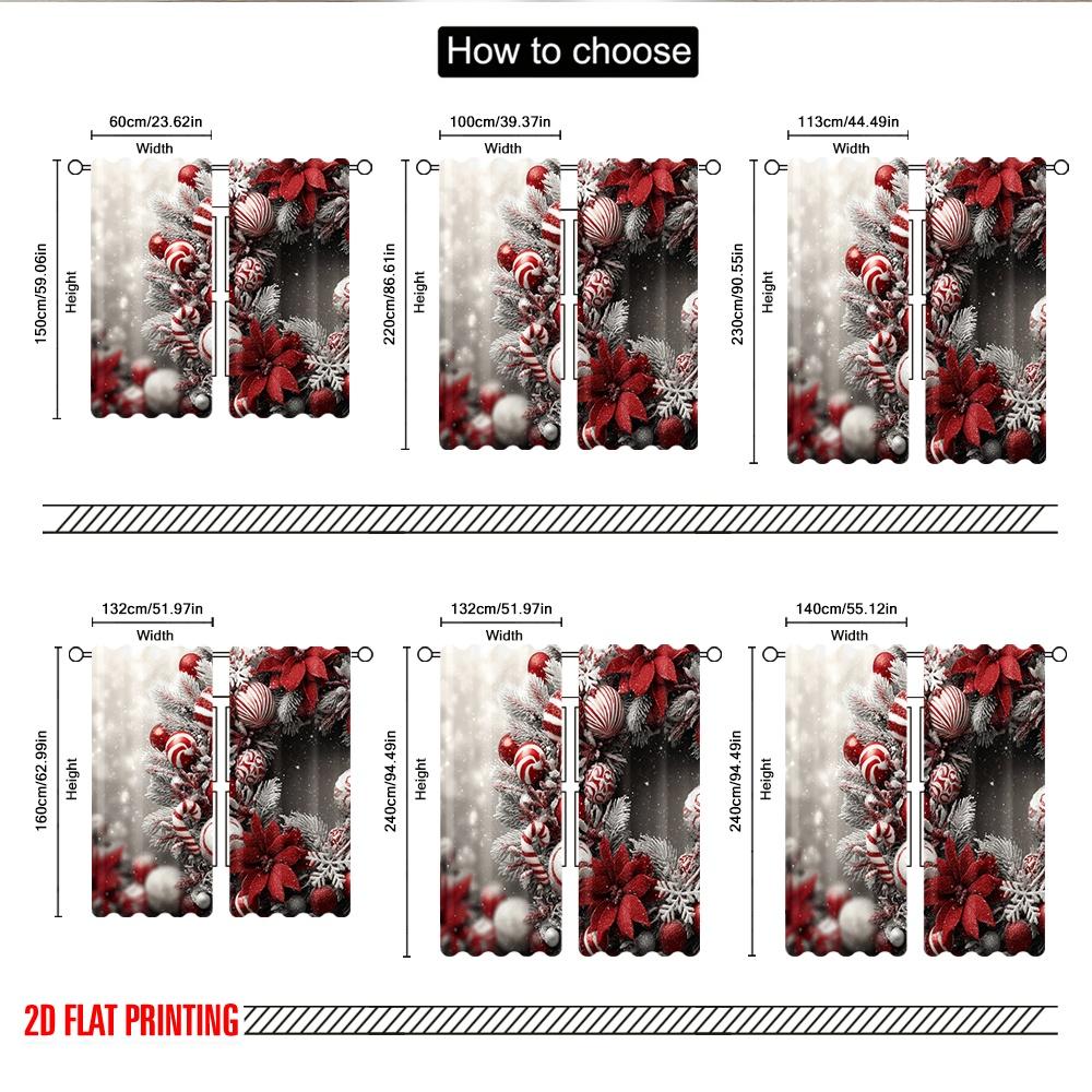 2pcs 2D flat printing High-Quality Christmas Curtains Christmas Wreath Snowflakes Ornaments Digital Printed Polyester Drapes