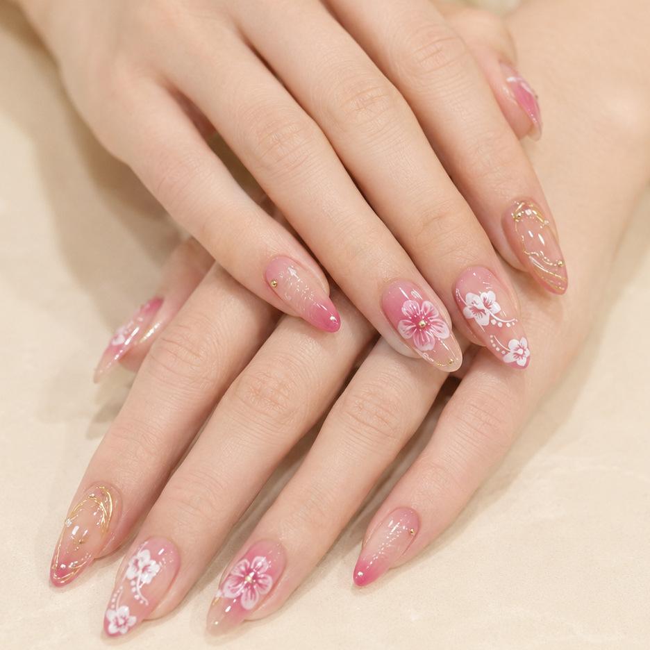 24 Pieces Of Manicure Sweet 3D Three-Dimensional Relief Flower Gilt Pearl Long Almond Wearing Armor Jelly glue + rubbing strips