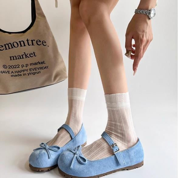 Spring 2025 New Flat Bottom Mary Jane Shoes with Bow Women's French Round Head Ballet Style Single Shoes