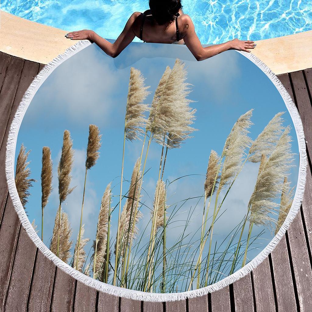 Wild Plant Fluttering Reed Round Beach Towel with Tassels,Polyester Beach Blanket,Soft Absorbent Quick Dry Pool Towel Picnic Mat