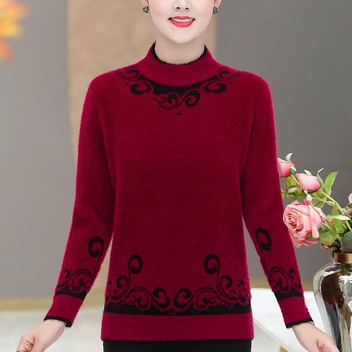 Women's Thick Faux Mink Fleece Sweater Autumn Winter Long Sleeve Printed Knitted Pullover Sweater Loose Warm Stretch Knit Sweater