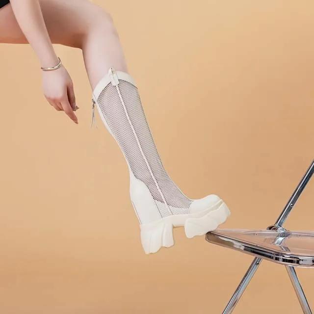 Fashion 11CM Air Mesh Ankle Boots Microfiber Leather Summer Fashion Shoes Knee High Booties Platform Wedge Flats Hollow Sandals Women