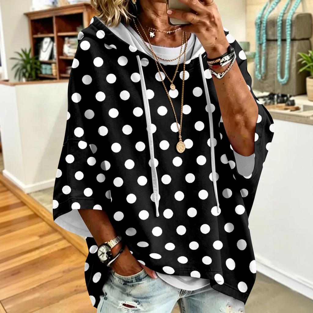 Women's Polka Dot Print Drawstring Hooded Sweatshirt Loose Fit Casual Top