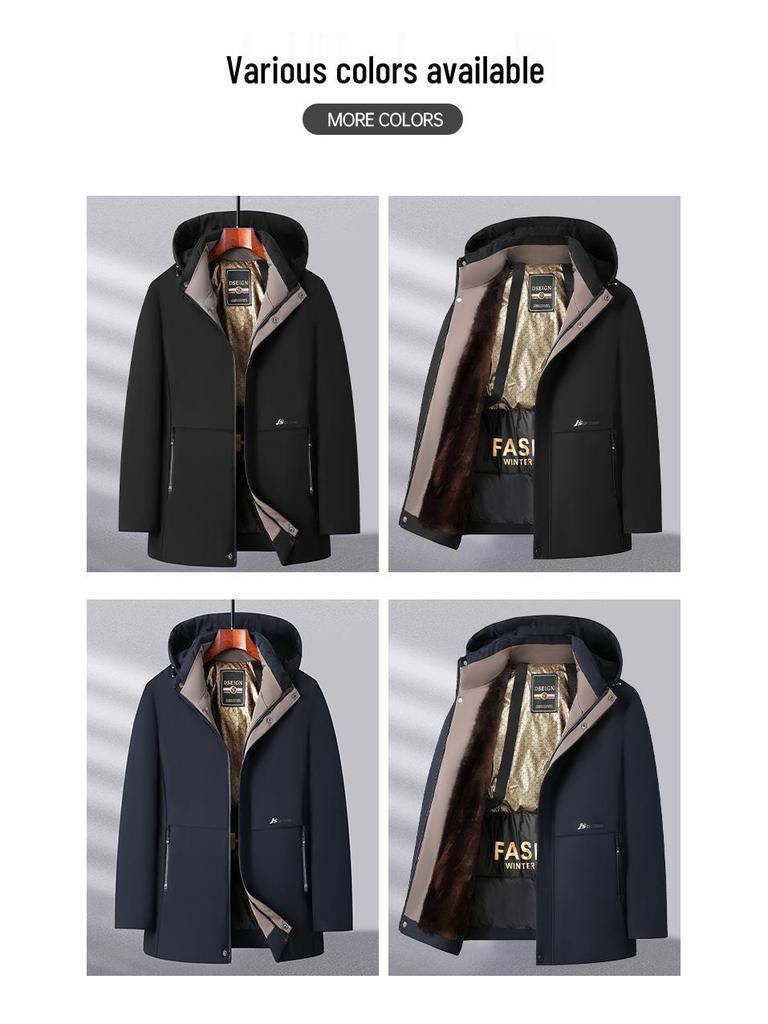 Men's Black Gold Fleece-Lined Hooded Winter Jacket - Thick Warm Cotton Parka for Middle-Aged Dads