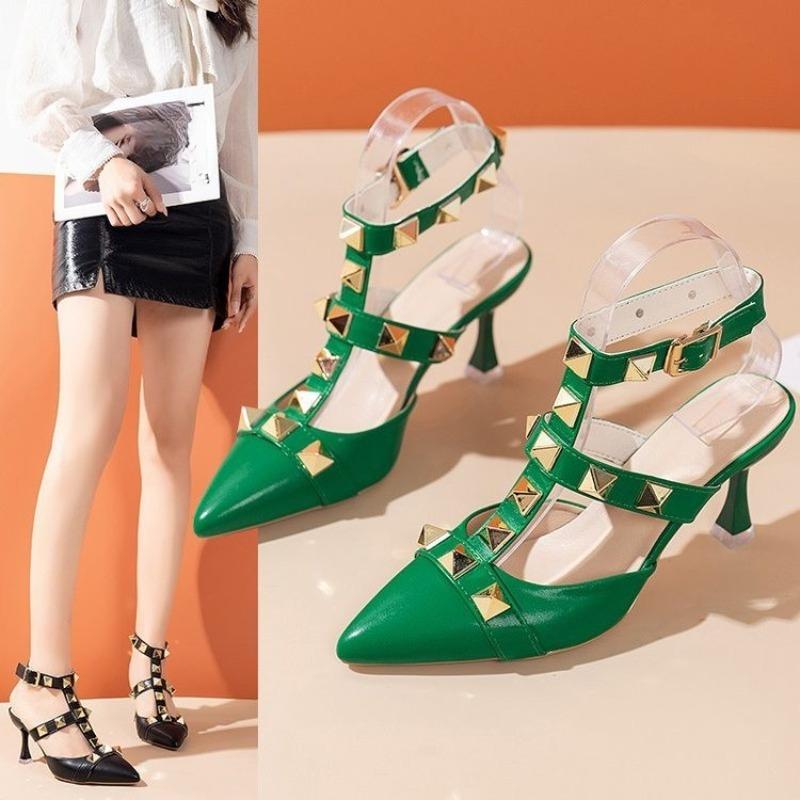 Pointed Toe Big Rivet High Heels Spring and Summer New European and American Sexy Baotou One-word Buckle Stiletto Sandals