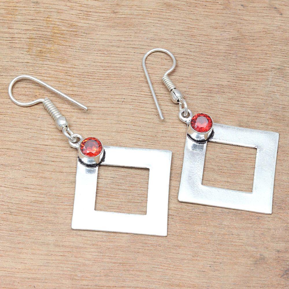 Mozambique Garnet Gemstone Handmade Silver Jewelry Earrings 1.5''