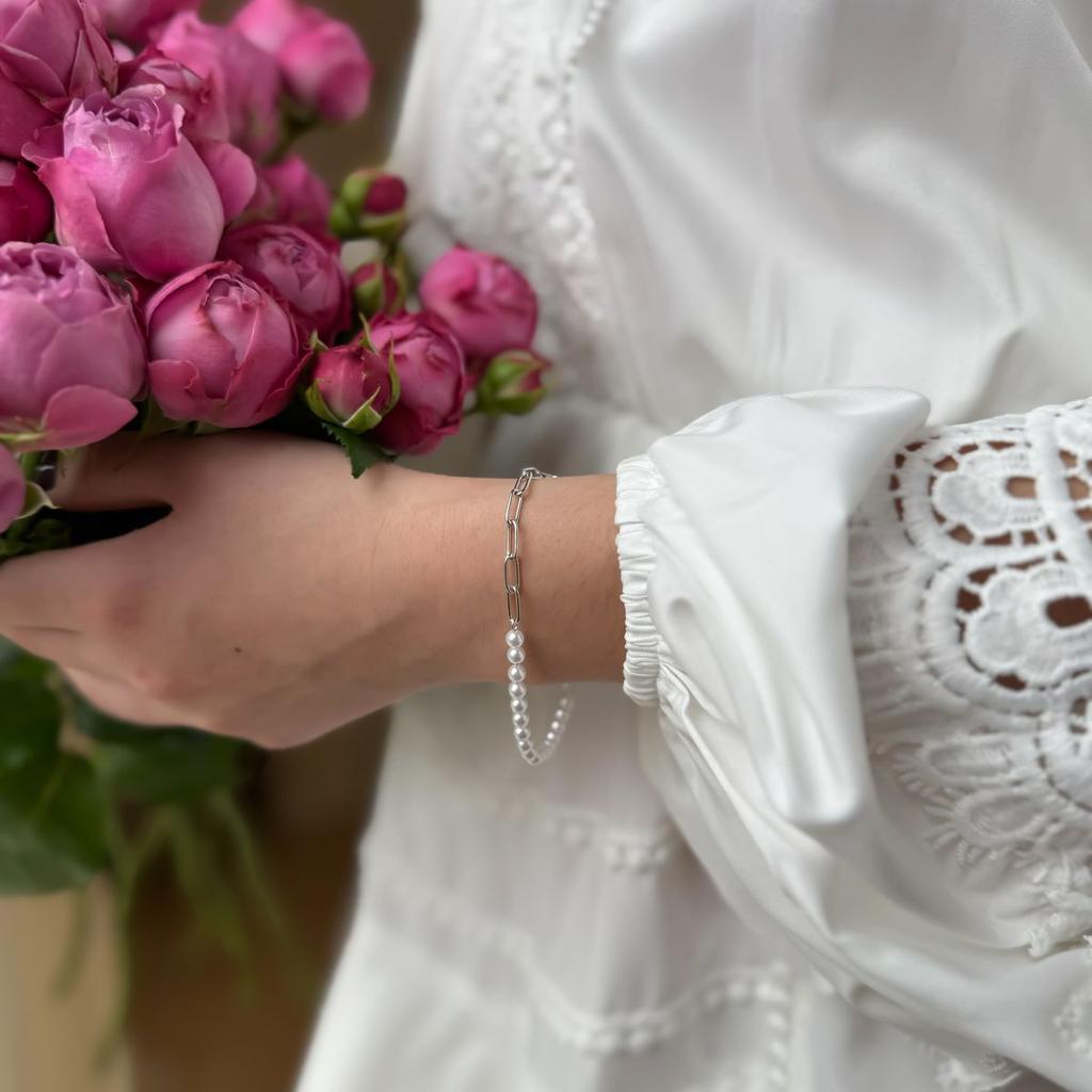 Silver Bracelet with Natural Pearls, Product Weight 3.69 G (2172796)