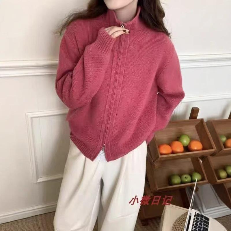 Autumn and winter new double zipper sweater jacket women's thick stand-up collar casual design short knitted cardigan women