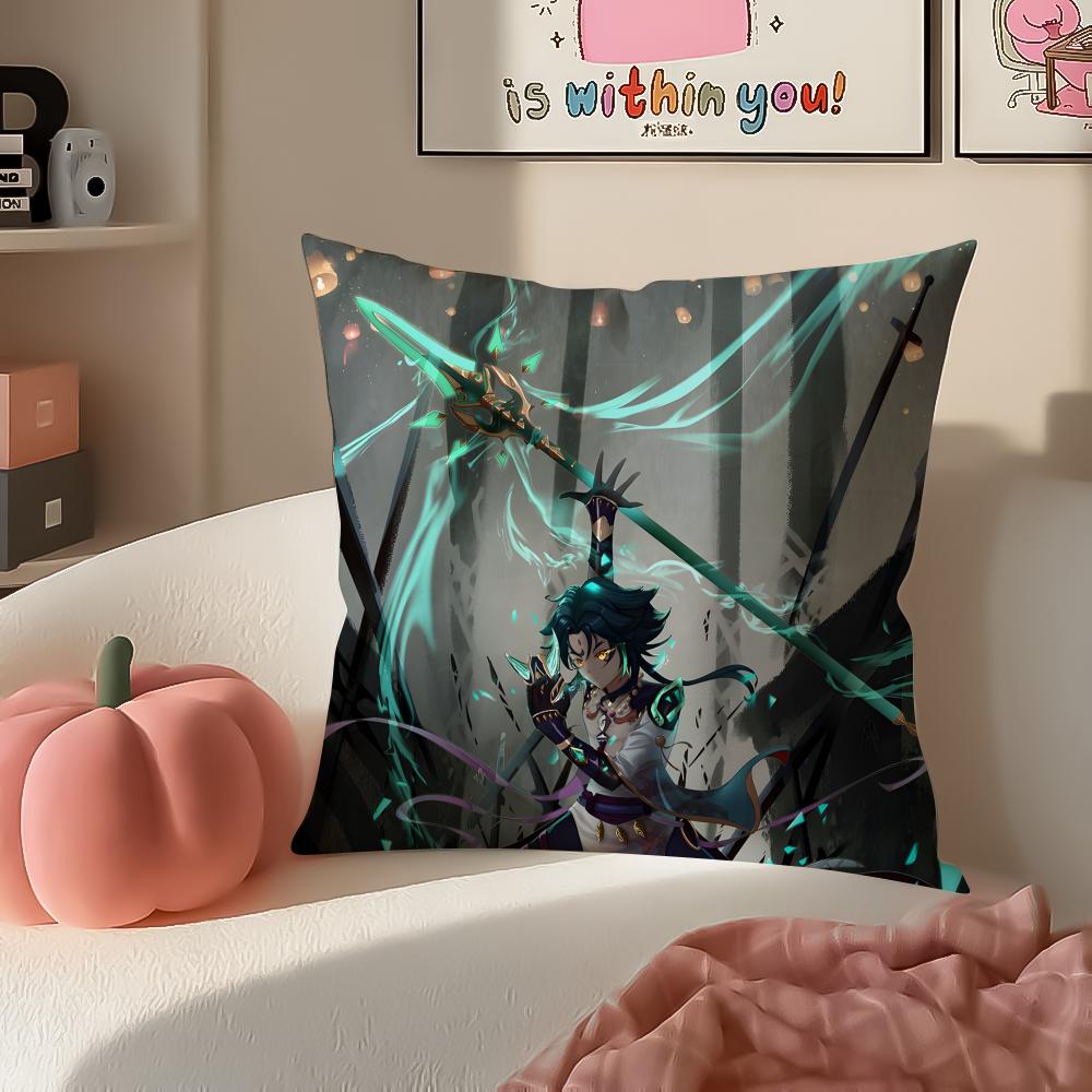 Game Genshin Xiao Cushion Cover Pillowcase Short Plush Invisible zipper Room Sofa Cushion Cover