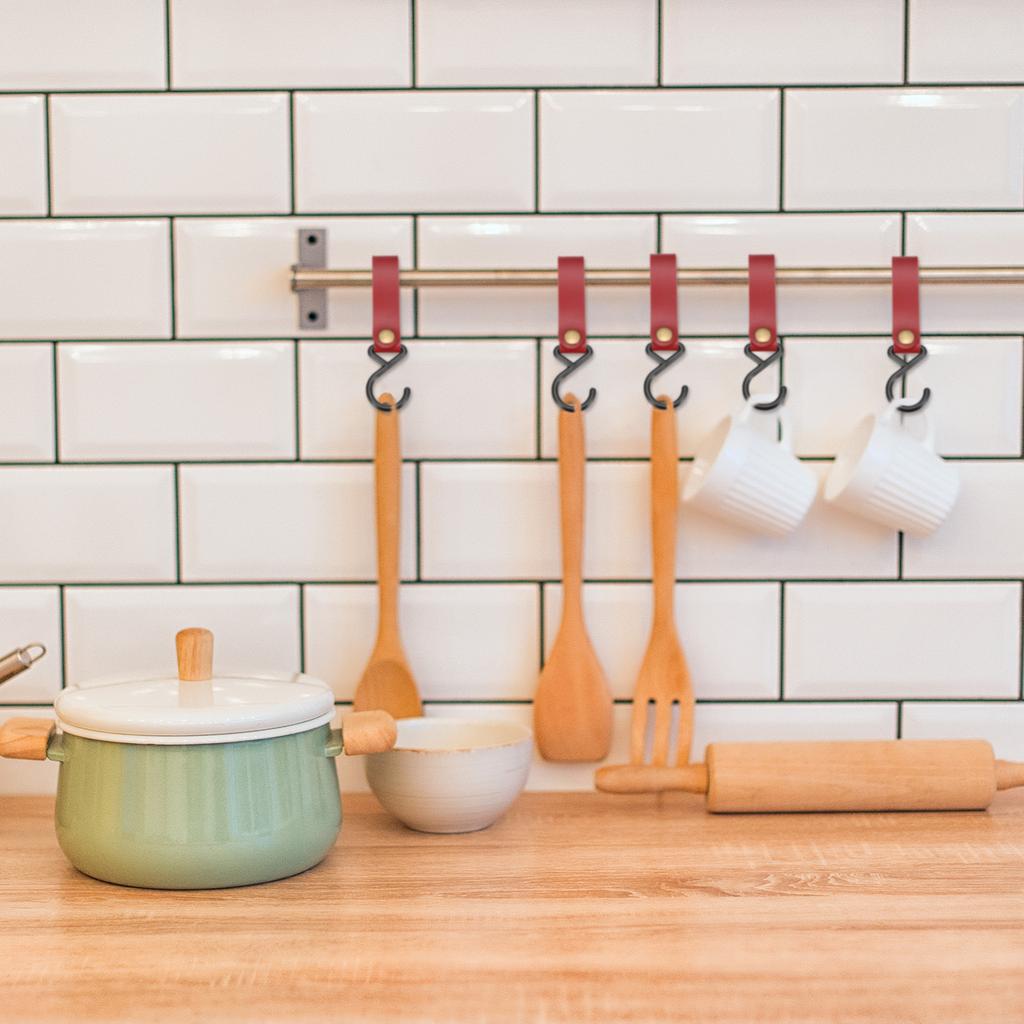 5pcs PU Leather Hooks, Leather Straps with Hooks, S-Shape Hooks for Outdoor Camping Kitchen Bathroom Hanging Pots Pans Utensils