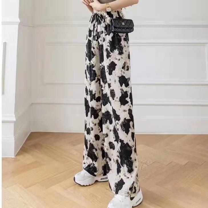 GMXIA Tuschmalerei-Batikhose für Damen, Sommer, dünne, lässige Eisseidenhose, Trommelmopphose, gerades Bein, weites Bein