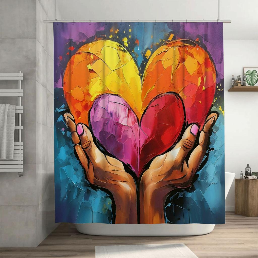 Vibrant Heart in Hands Shower Curtain - Abstract Love Art Design for a Waterproof and Unique Bathroom Décor Set