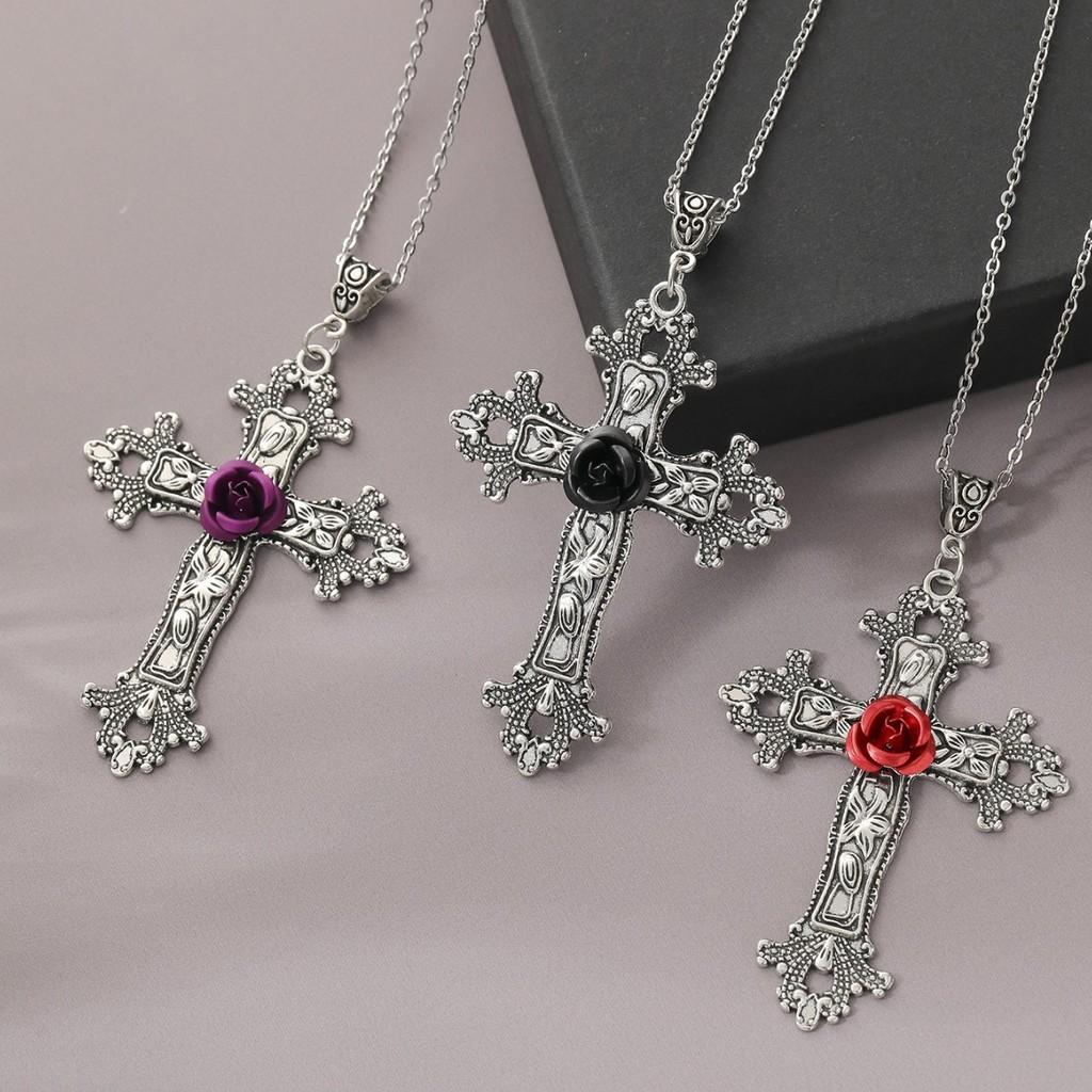 Gothic Rose Cross Pendant Necklace With Alloy Lockbone Chain For Women