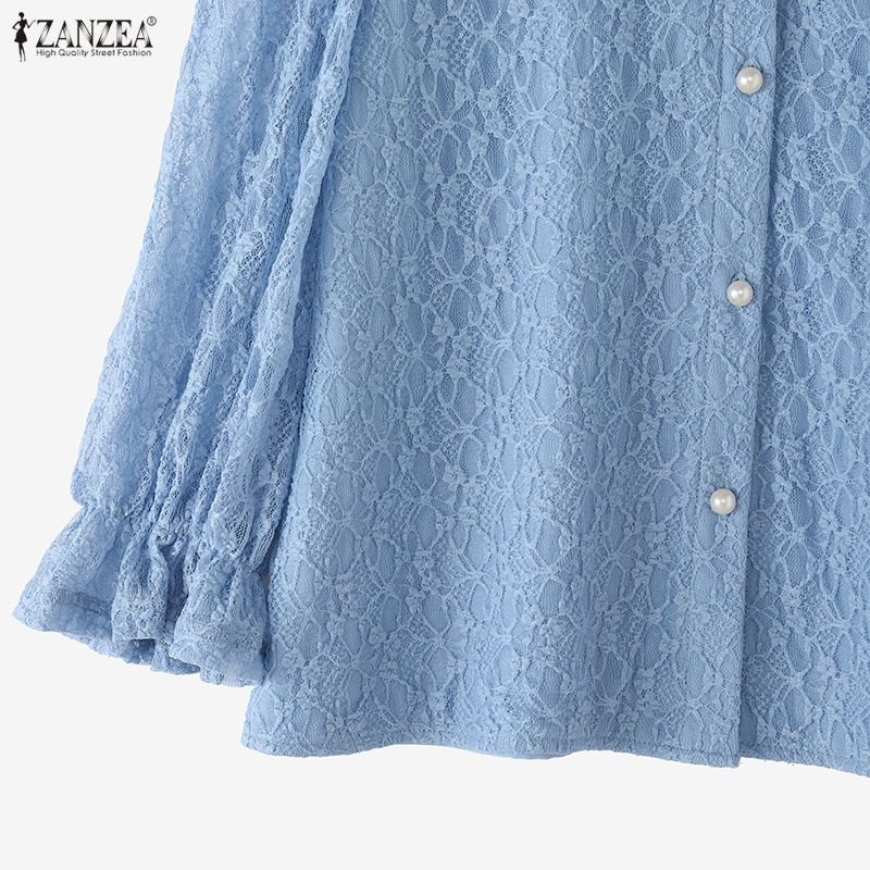 ZANZEA Women Casual Stand Collar 3/4 Sleeve Patchwork Lace Blouse