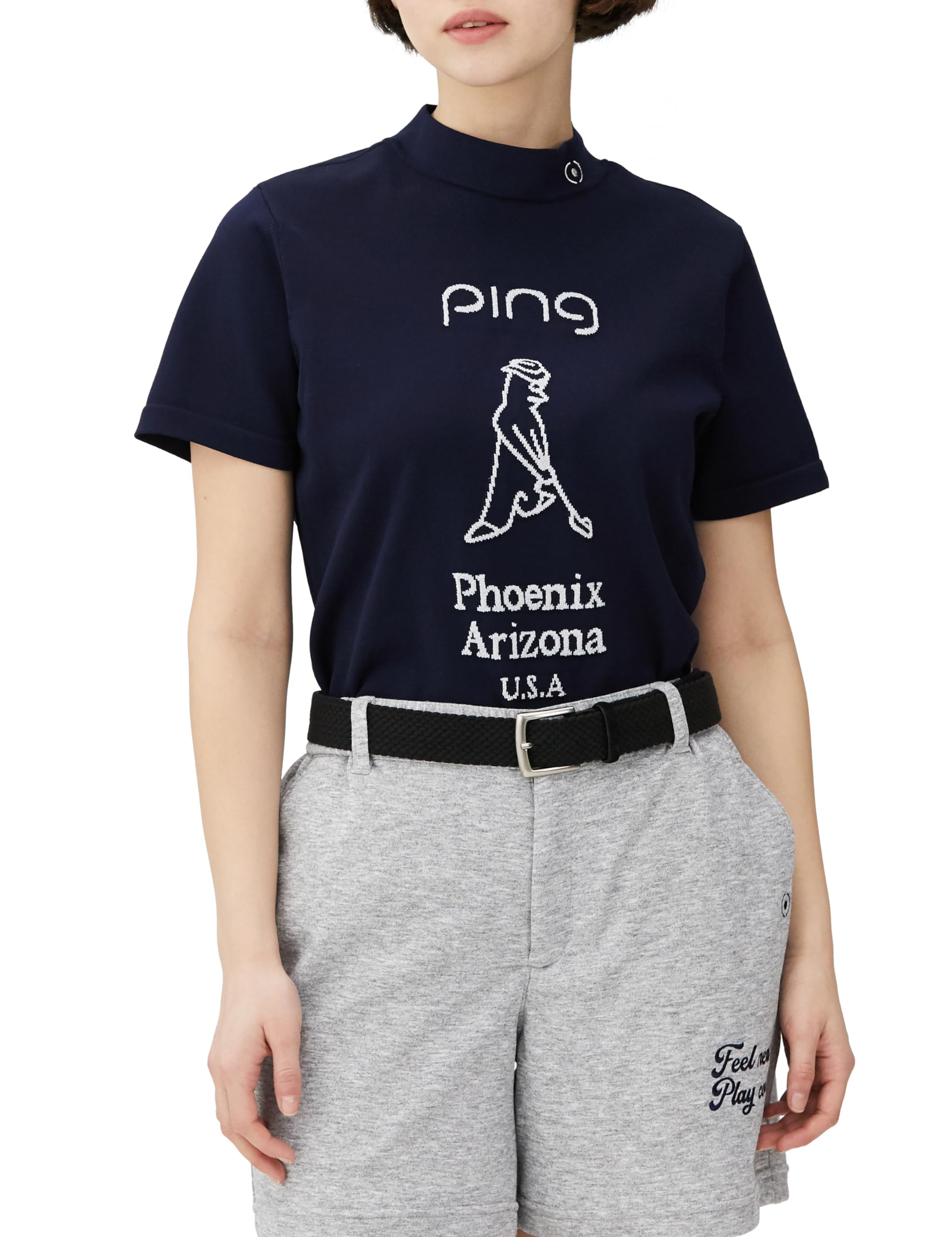 

Женская футболка с коротким рукавом и высоким воротом PING Apparel (Мистер. PING, Влагоотводящий, Быстросохнущий, Эластичный) / Гольф / 622-4172204 120_Темно-синий M